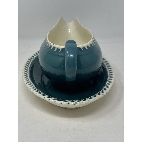 Harker Pottery Corinthian Teal Green Gravy Boat & Plate White Trim Harkerware - Picture 3 of 11